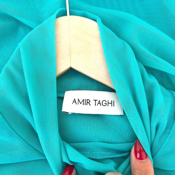 Amir Taghi Sheer Mesh Long Sleeve Top Teal Mock Neck Turquoise Medium Shirt - Picture 3 of 9